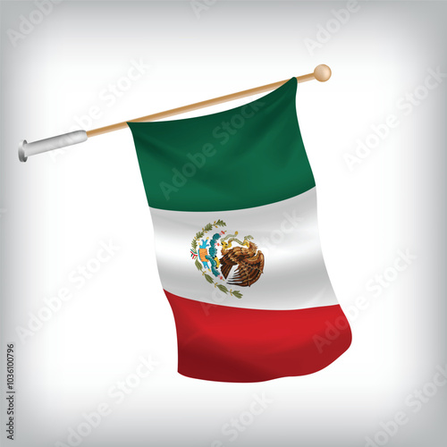 Realistic illustration of Mexico flags waving on the wall. The set is in the flag collection