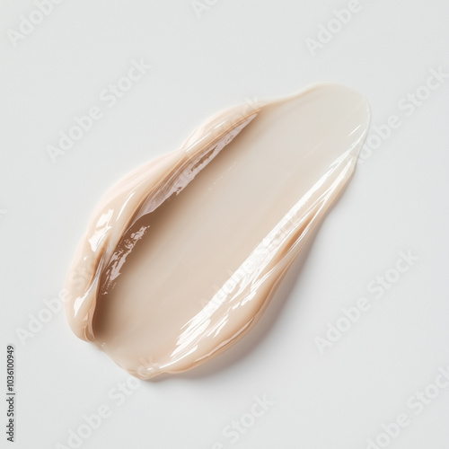 Beige glossy cream swatch on a white background. Hydrating lotion or skincare balm texture.