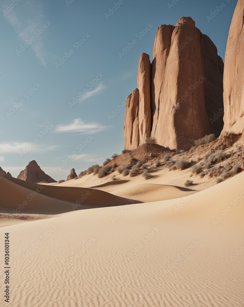 Tall Rock Formations Rising from a Sandy Desert Landscape. Tall Rock Formations Rising from a Sandy Desert Landscape.