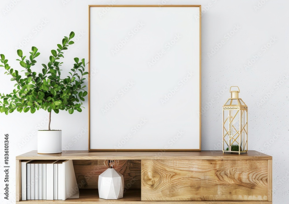 Mockup of a blank canvas in a gold frame on a wooden shelf with a plant ...