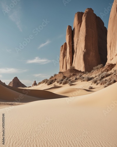 Tall Rock Formations Rising from a Sandy Desert Landscape. photo