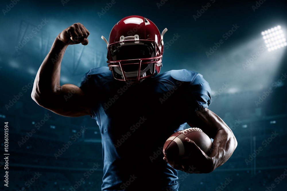 American Football Player Triumph: Victory Pose in Stadium Spotlight American Football Player Triumph: Victory Pose in Stadium Spotlight