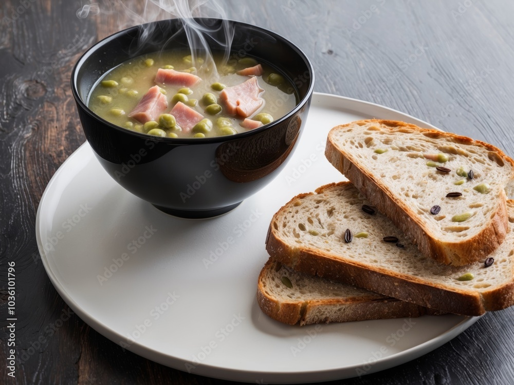 Split pea soup with ham served in a black bowl alongside rye bread on a dark wooden table. Split pea soup with ham served in a black bowl alongside rye bread on a dark wooden table.