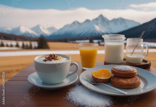 Coffee and biscuits on a wooden table with mountains in the background photo