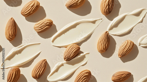 Almonds and white cream swatches arranged on a light background. Skincare lotion with almond oil or extract.
