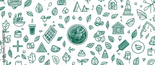 Seamless line art pattern with ecological and nature-themed icons in green and white tones, illustrating concepts of sustainability and environmental conservation 