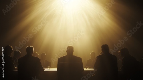 Triumph in the Boardroom: Executives Celebrating Success with High-Energy Strategy Discussion Under Cinematic Light