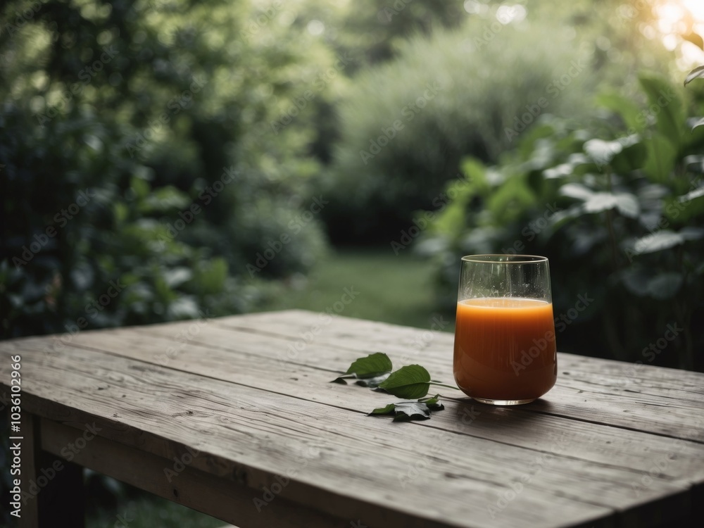 The Glass Of Juice In A Garden The Wooden Table. The Glass Of Juice In A Garden The Wooden Table.