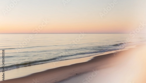 Sunset view over a calm ocean with waves gently lapping against the shore, peaceful setting. photo