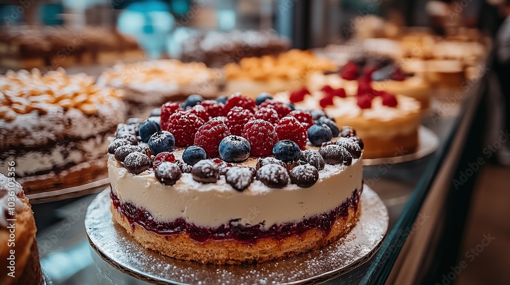 A delicious cake topped with berries and cream. A delicious cake topped with berries and cream.