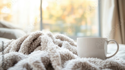 A cozy blanket and a white cup of coffee near a window with soft morning light creating a relaxing atmosphere at home photo