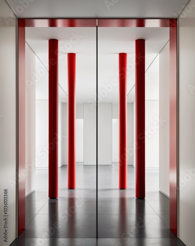 Symmetrical red pillars in empty modern hallway.