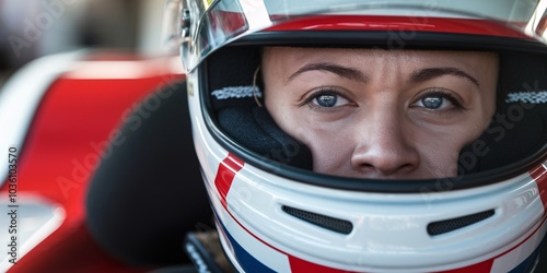 Race Car Driver: A close-up portrait of a determined female race car driver, her eyes focused and intense, peering out from behind a sleek helmet, ready to conquer the track. 