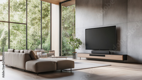 Modern minimalistic living room with a large TV and sleek furniture showcasing an open space filled with natural light