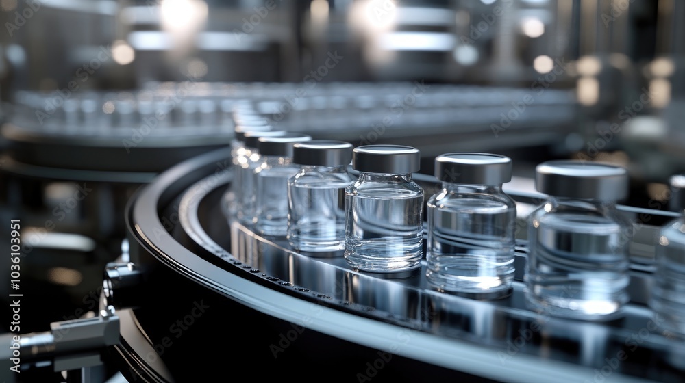 3D render of a pharmaceutical manufacturing background featuring glass bottles filled with clear liquid on an automatic conveyor line for vaccine production 3D render of a pharmaceutical manufacturing background featuring glass bottles filled with clear liquid on an automatic conveyor line for vaccine production