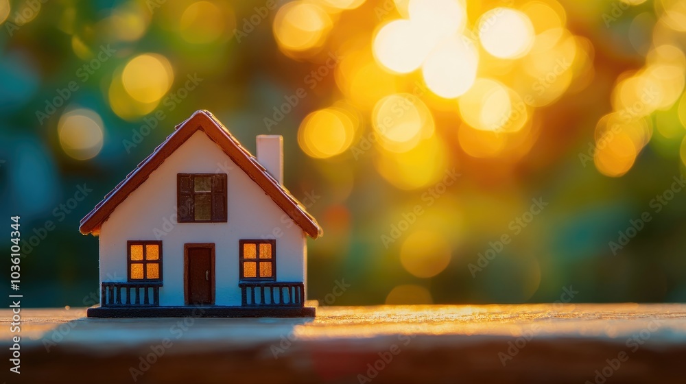 Close up of a miniature home model resting on a wooden surface illuminated by sunlight with a vibrant bokeh background Concept of housing for living or investment Close up of a miniature home model resting on a wooden surface illuminated by sunlight with a vibrant bokeh background Concept of housing for living or investment