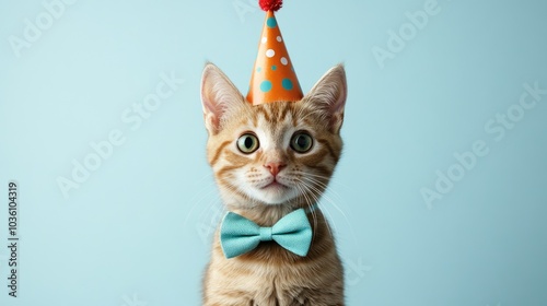 Kitten in a party hat and bow tie against a light blue backdrop embodying a cute and festive celebration theme photo