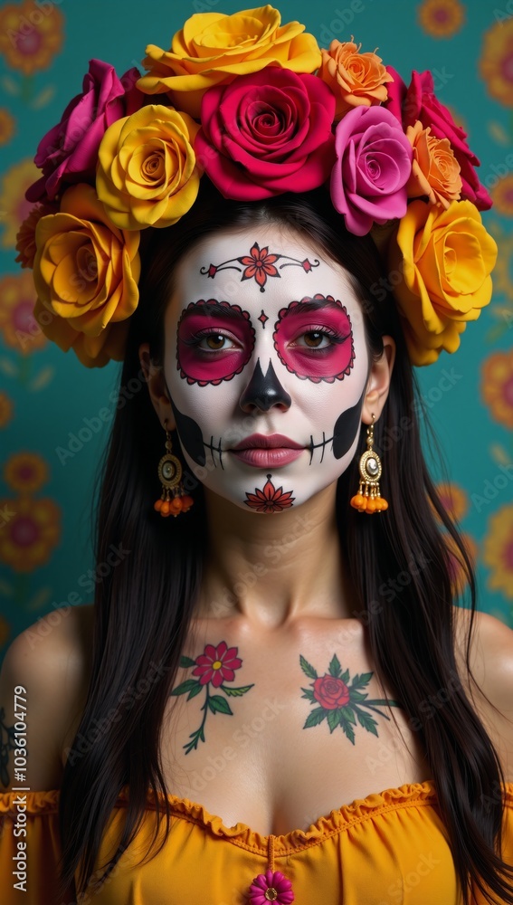 Boldly colored Dia de los Muertos festival featuring fierce and festive Calavera skull-faced women in a traditional Mexican style that exudes both beauty and horror as if they were tattoos Boldly colored Dia de los Muertos festival featuring fierce and festive Calavera skull-faced women in a traditional Mexican style that exudes both beauty and horror as if they were tattoos