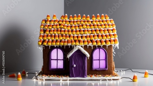 Haunted house gingerbread creation with purple frosting windows glowing LED lights and candy corn roof. photo