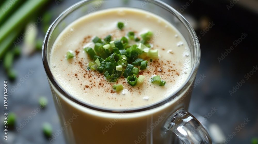 Scallion latte with finely chopped green onions in a creamy coffee blend Scallion latte with finely chopped green onions in a creamy coffee blend