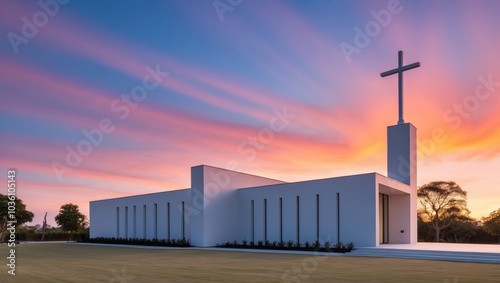 Modern Church Building at Sunset with Cross. photo