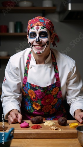 A sugar skull chef wearing bandana and kitchen utensils photo