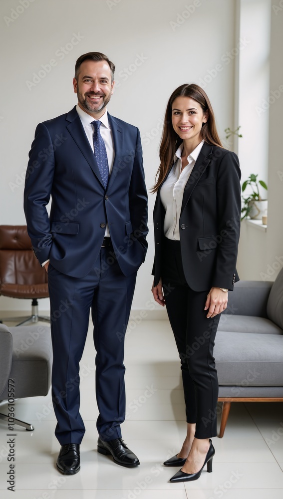 A diverse duo of smiling businesspeople pose together indoors A diverse duo of smiling businesspeople pose together indoors