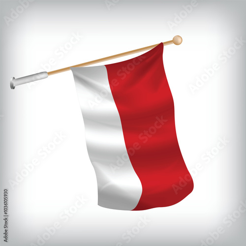 Realistic illustration of Monaco flags waving on the wall. The set is in the flag collection