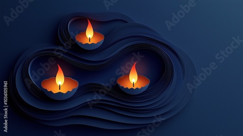 Dark navy Diwali banner with soft glowing diyas, vibrant rangoli, festive lights, and elegant papercut style design photo