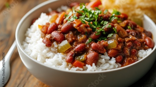 Red Beans and Rice is a comforting Southern meal featuring slow cooked kidney beans with vegetables spices and pork all served atop a bed of fluffy rice