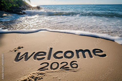 Welcome 2026 written on sand with ocean waves New Year concept, happy new year generated.AI photo