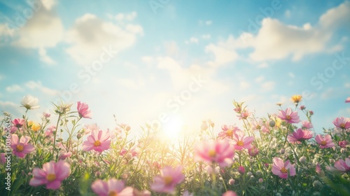 Flowers blooming in a field with sunlight streaming through the sky creating a natural backdrop with ample space for text
