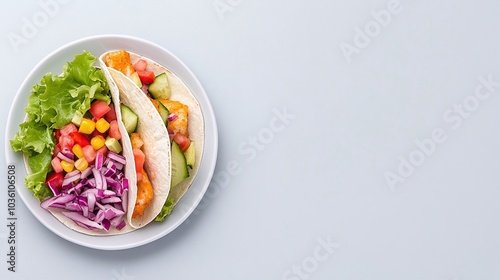 Fish tacos with fresh salsa, white plate, minimalist presentation, vibrant Mexican cuisine, healthy and delicious, bright colors, authentic street food, close-up view