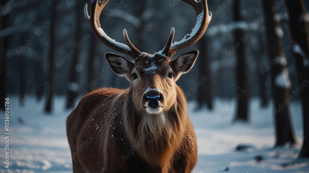 A majestic deer with large antlers stands in a snowy forest, looking directly at the camera. (2) A majestic deer with large antlers stands in a snowy forest, looking directly at the camera. (2)