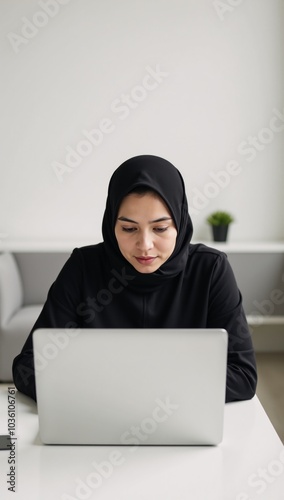 Businesswoman in modern attire works at desk with laptop