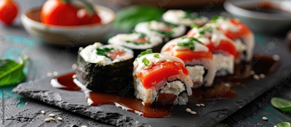 Sushi With Philadelphia Cheese And Cherry Tomato On Top Soy Sauce And Seaweed In The Bacground Sushi With Philadelphia Cheese And Cherry Tomato On Top Soy Sauce And Seaweed In The Bacground
