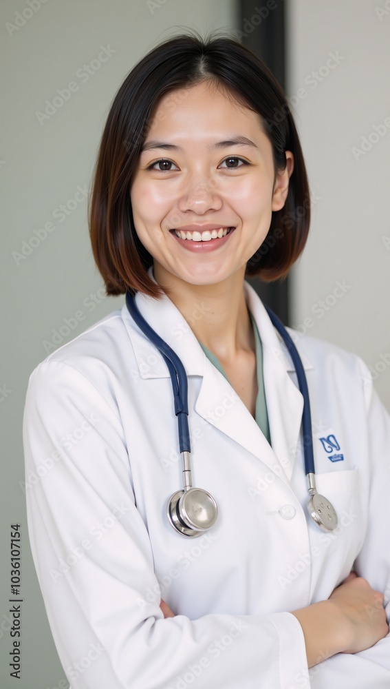 A young energetic female doctor with short hair radiates positivity while working in her sterile surroundings A young energetic female doctor with short hair radiates positivity while working in her sterile surroundings
