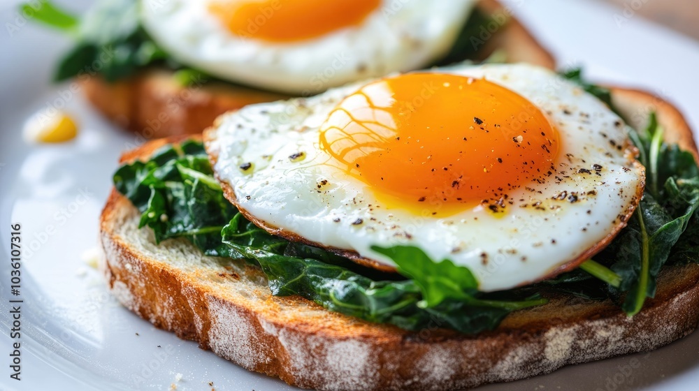 Roasted eggs with greens served on sourdough toast featuring a melting and dripping egg yolk perfect for breakfast or brunch Roasted eggs with greens served on sourdough toast featuring a melting and dripping egg yolk perfect for breakfast or brunch