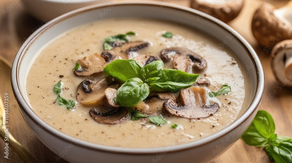 Creamy mushroom soup garnished with sauteed mushrooms and fresh basil Creamy mushroom soup garnished with sauteed mushrooms and fresh basil