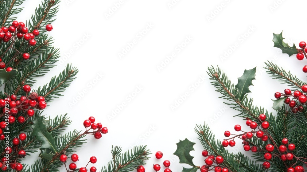 Realistic border of Christmas tree branches adorned with red berries Ideal for Christmas flyers and party posters Realistic border of Christmas tree branches adorned with red berries Ideal for Christmas flyers and party posters
