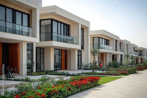 Modern  white houses with manicured lawns in a new development.