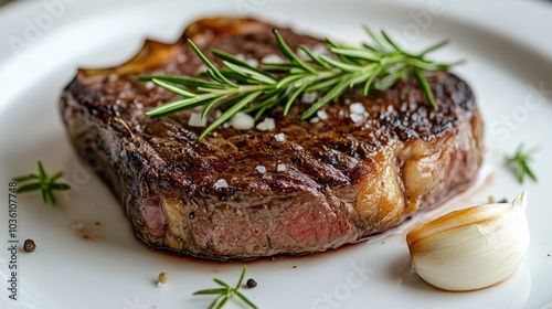 Close up of a grilled ribeye steak garnished with rosemary and garlic on a white plate showcasing gourmet food and culinary artistry