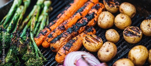 Closeup Of Grilled Carrots Potatoes Onions Broccolini photo