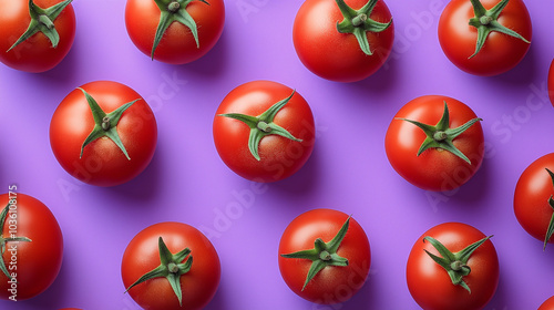 Red tomatoes with green stems and leaves scattered across a lilac background, the top view emphasizing the fresh, organic look against the pastel purple backdrop.