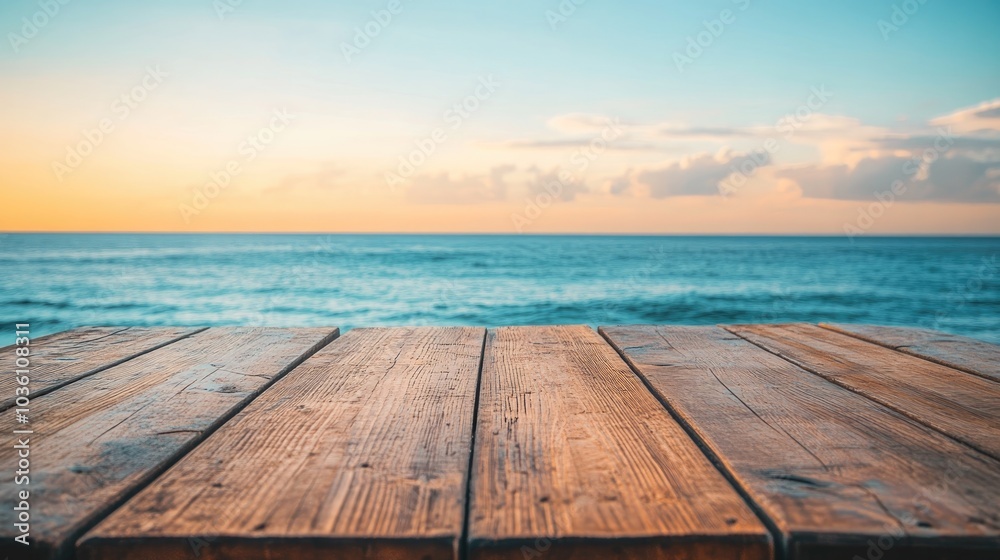 Fototapeta premium Close up view of a wooden table with a serene ocean backdrop