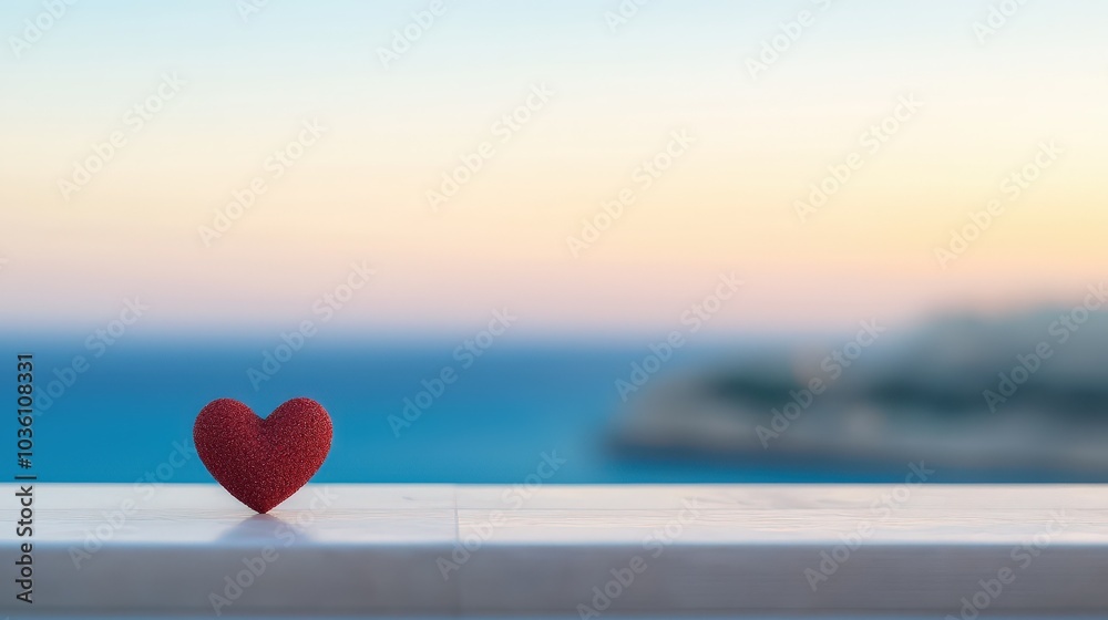 Fototapeta premium A sparkling red heart against a serene seascape at dusk symbolizing love and tranquility in nature's embrace