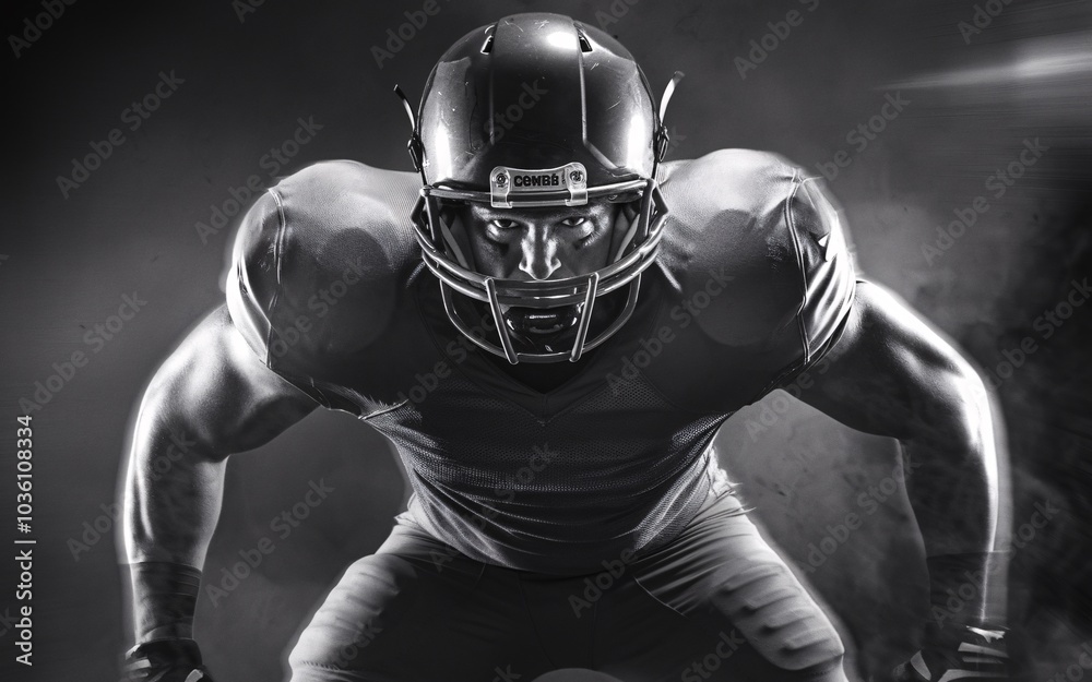 American Football Player in Action: A fierce and focused American football player in full uniform, helmet, and pads, stands ready for the play, his determination etched on his face. American Football Player in Action: A fierce and focused American football player in full uniform, helmet, and pads, stands ready for the play, his determination etched on his face.