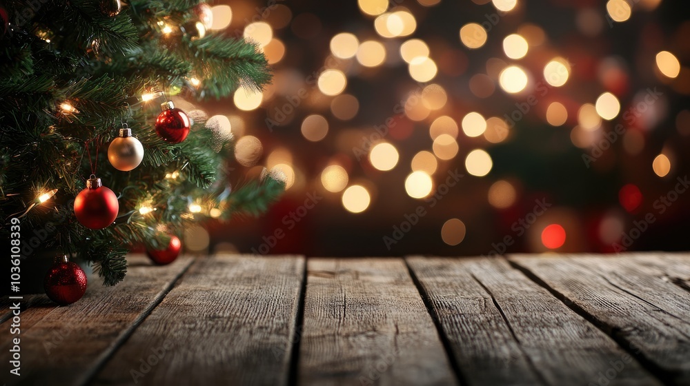 Wooden table adorned with a Christmas tree and a background of bokeh lights Wooden table adorned with a Christmas tree and a background of bokeh lights