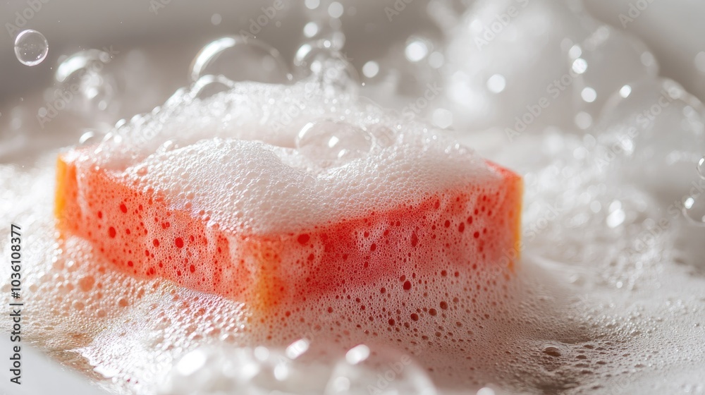 Fototapeta premium Red sponge submerged in soapy water surrounded by foam bubbles