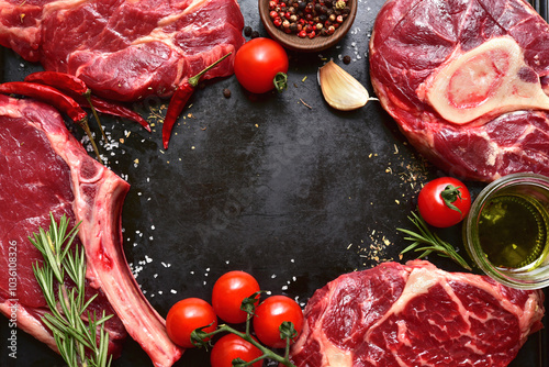 Different types of raw marbled beef steaks : T-bone, ossobuco, spider and rib eye with ingredients for cooking . Top view with copy space. photo